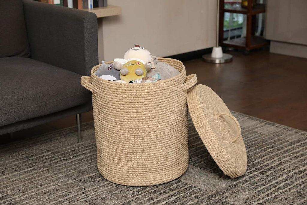 16x18 Inch Extra Large Round Cotton Rope Storage Basket with Lid, Decorative Woven Bin with Cover Bedroom Closet
