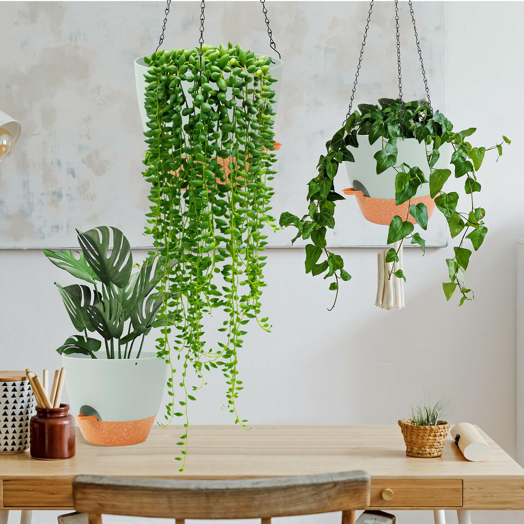 10 Inch Self Watering Hanging Planter, Indoor, 2 Pack, Green