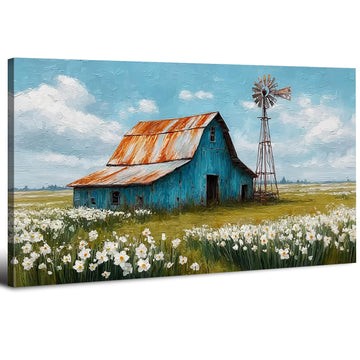 Farmhouse Barn Wall Decor Daisy Wildflower Wall Art Vintage Navy Blue Picture Living Room Country Farm Windmill