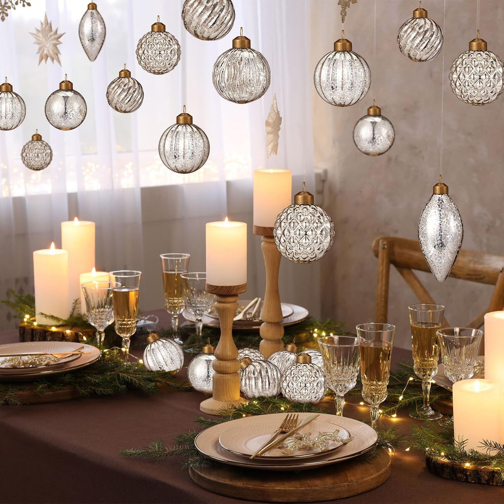 18 Pcs Silver Christmas Mercury Glass Balls Ornaments, 6 Styles