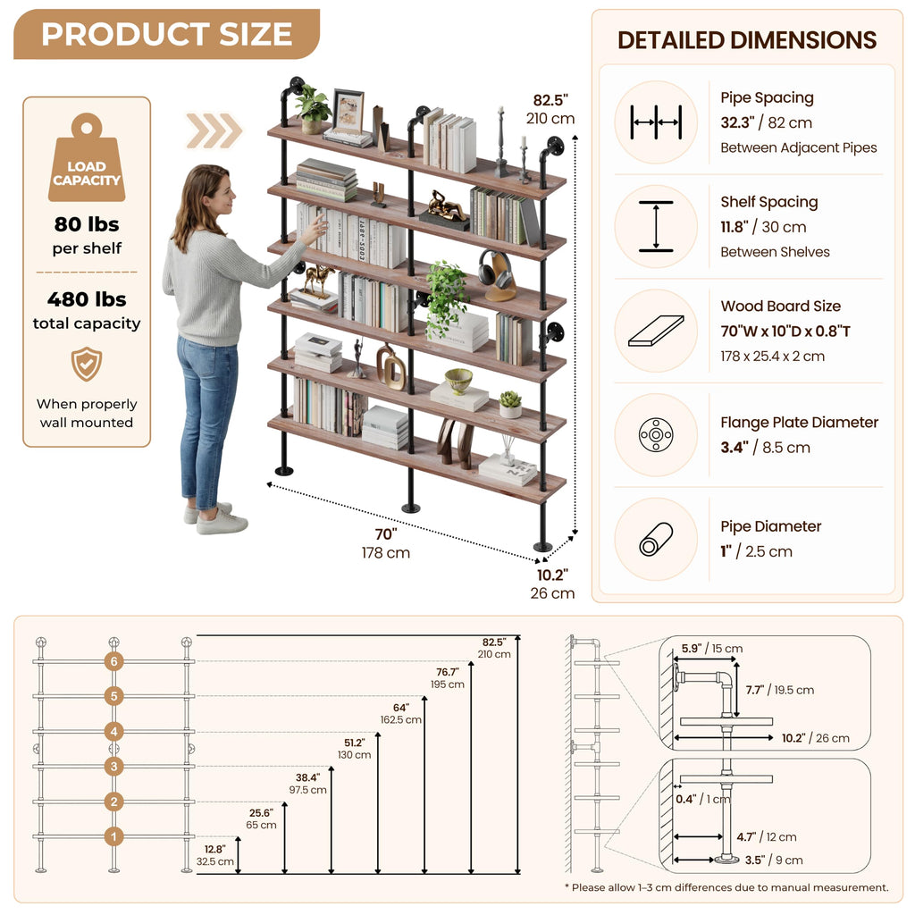 Industrial Pipe Bookshelf, Wall Mounted Shelf, 70 Inch, Weathered Brown