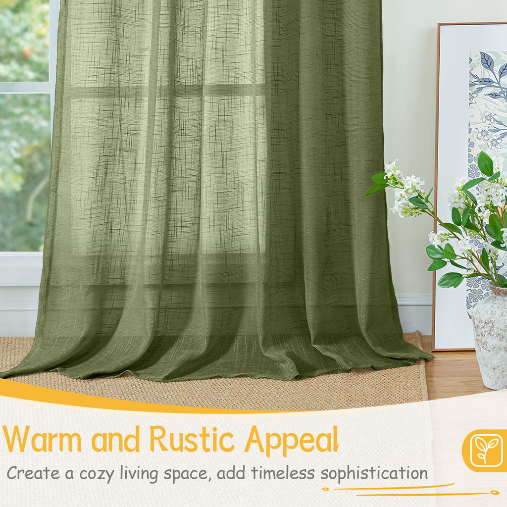 Olive Green Linen Kitchen Window Curtains 36 Inch Length - Small Semi Sheer Drapes with Back Tab Rod Pocket