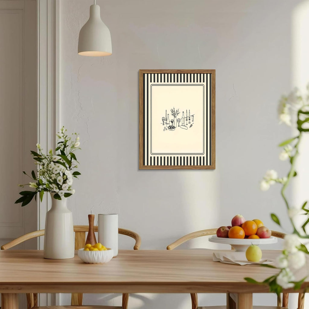 Framed Vintage Striped Kitchen Wall Art, Cozy Dining Table Supper Canvas Print, Minimalist Line Sketch Style Poster