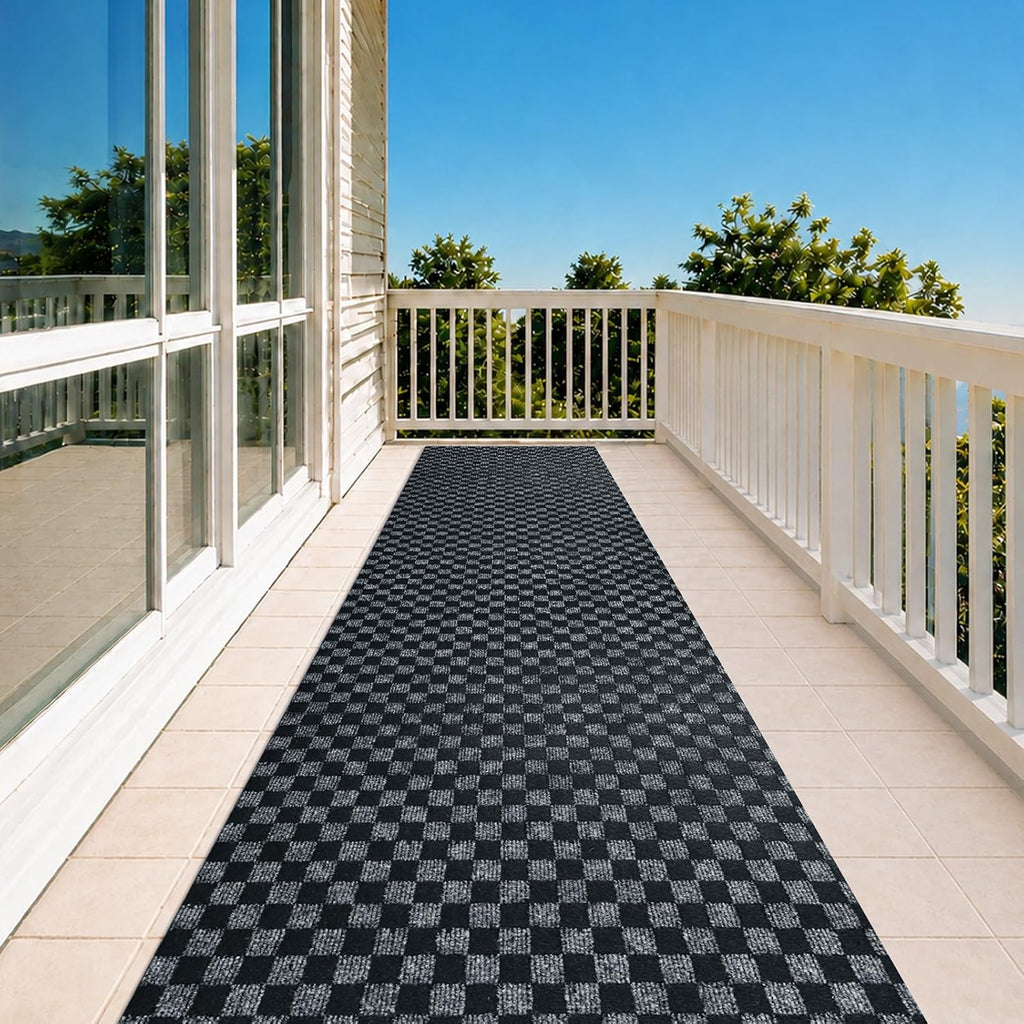 2x8 FT Non-Slip Kitchen Rugs with Rubber Backing, Black Check