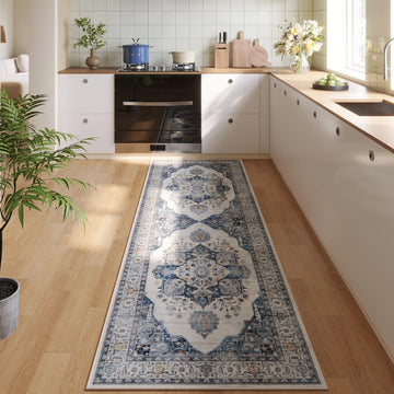 Runner Rug Washable Vintage Medallion Non Slip, Blue