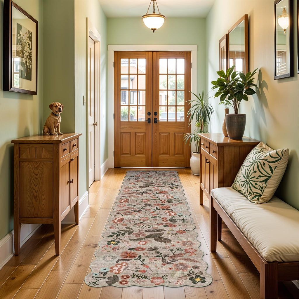 Washable Hallway Runner Rug - Scalloped Floral Kitchen Rug Beige Brown