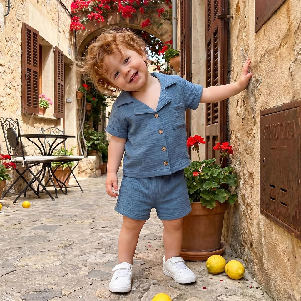Baby Boys Clothes Set Toddler Infant Boys Button-down Shirt Tops + Cotton Gauze Shorts Summer Outfit 2PCS with Pockets