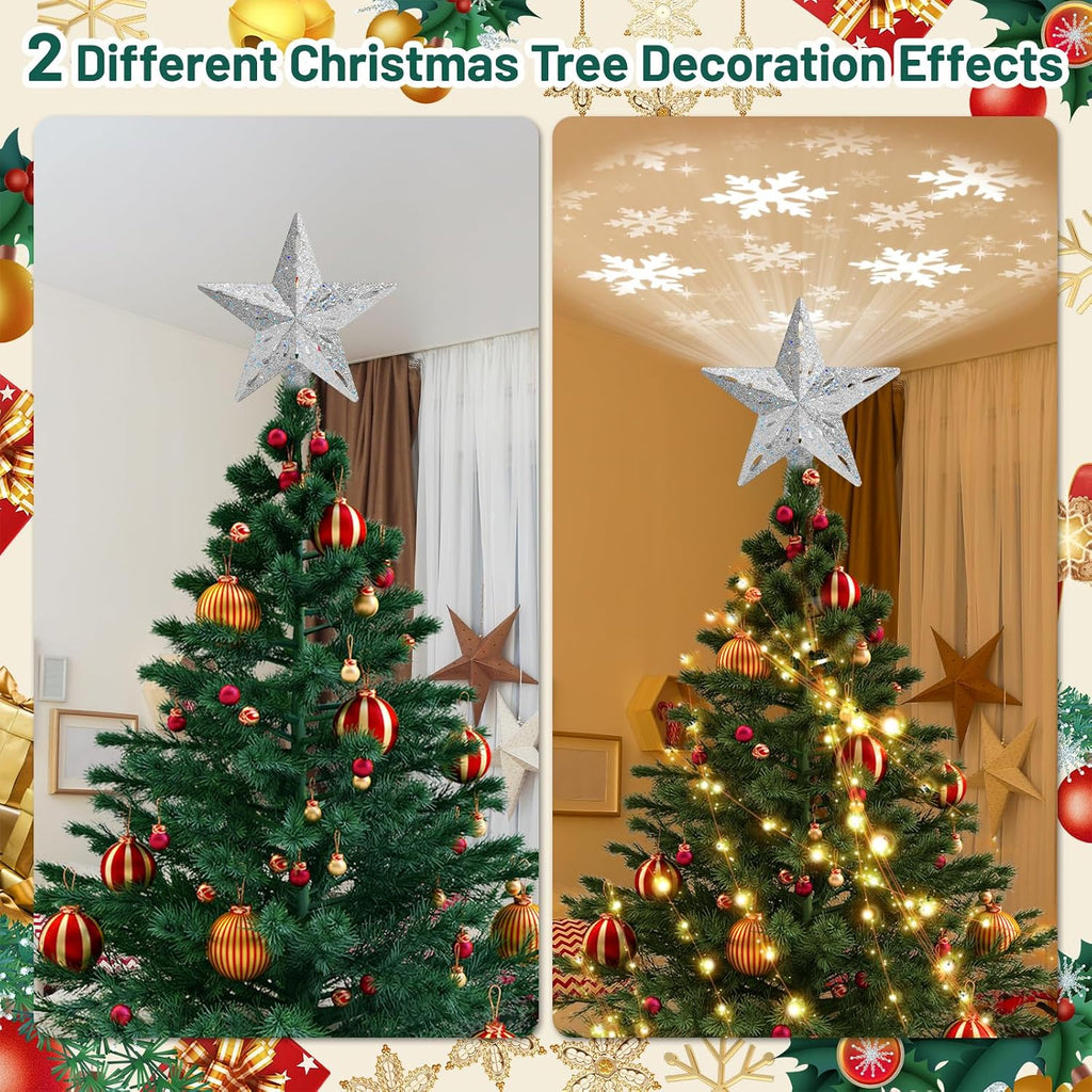 Tree Topper Lighted with 6 Projection Modes,Christmas Star Tree Topper Built-in LED Rotating Projector Lights 3D
