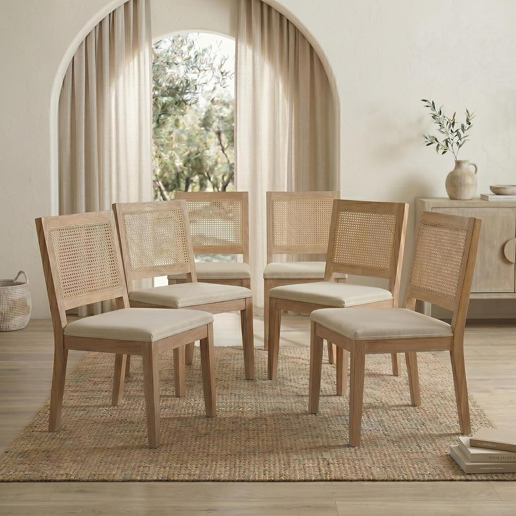 French Country Dining Chairs Set of 6, Beige Modern Kitchen & Dining Room Chairs, Rattan Dining Chair with Linen