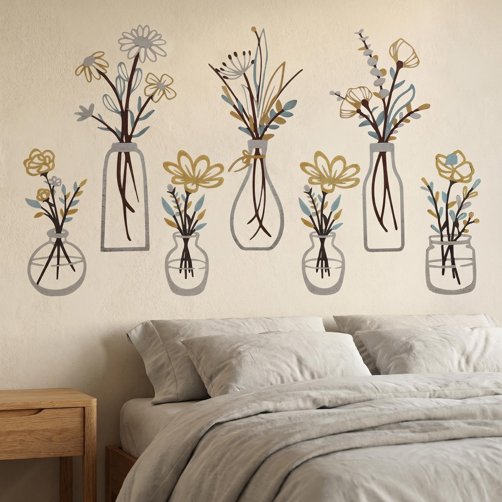 6Pcs Gold Blue Metal Flower Vase Wall Art Botanical Farmhouse Decor
