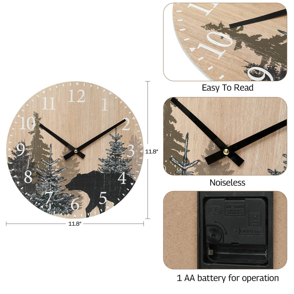 Cabin Bear Wall Clock 12 Inch Silent Non Ticking Clock Wooden Forest Wildlife Mountain Lodge Clock Battery Operated