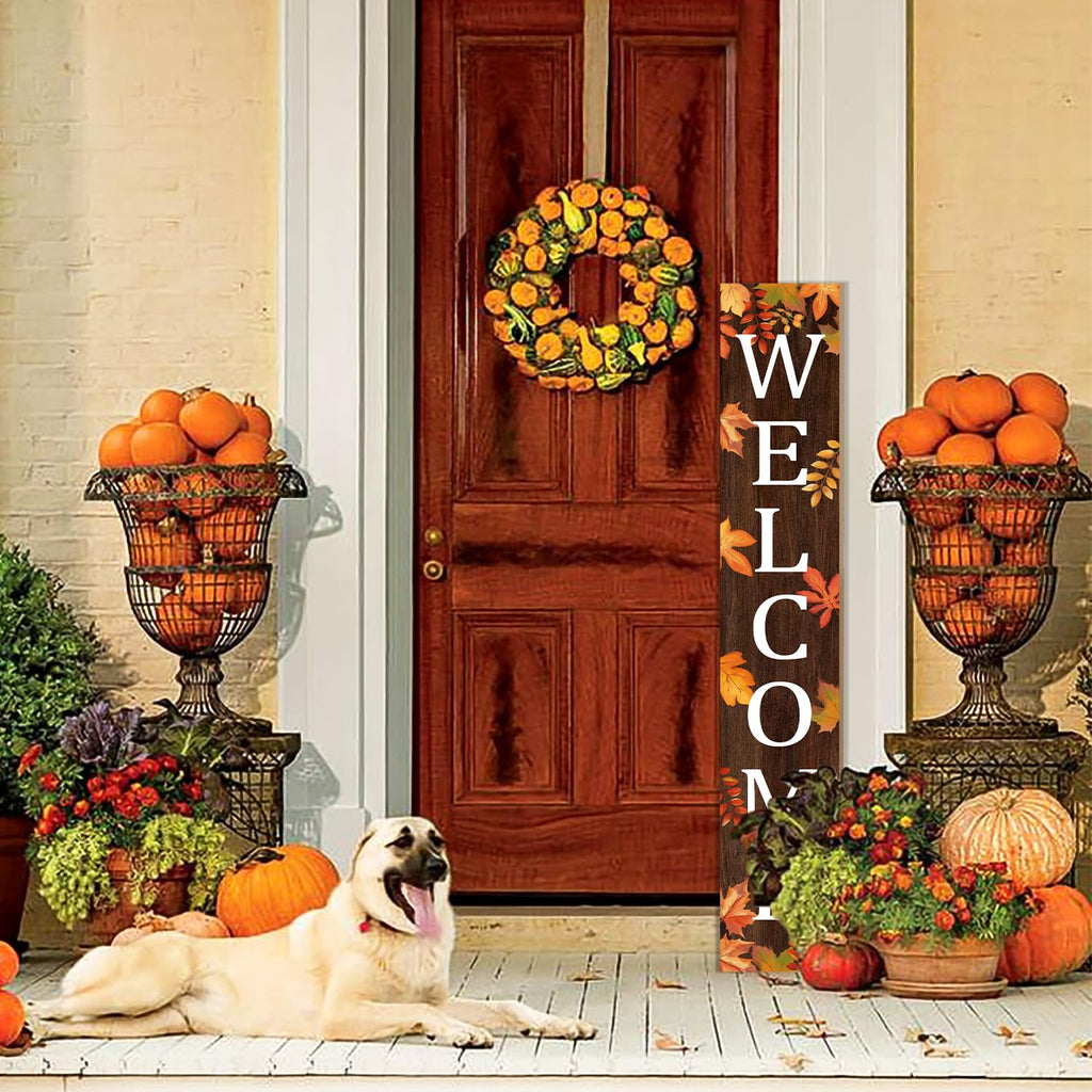 Fall Wooden Porch Sign 47" Autumn Large Welcome Porch Sign for Maple Leaf Sign Home Front Door Yard Party Decor