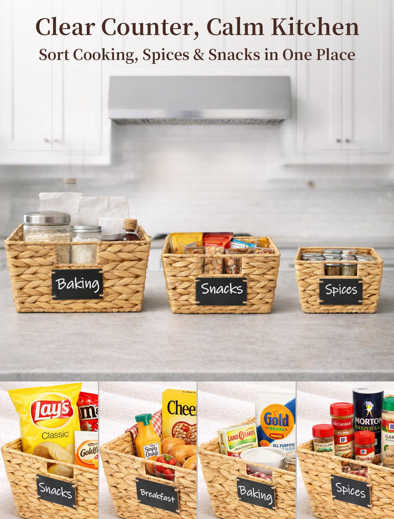 Pantry Baskets, 3 Pack Wicker Storage Baskets for Shelves, Natural
