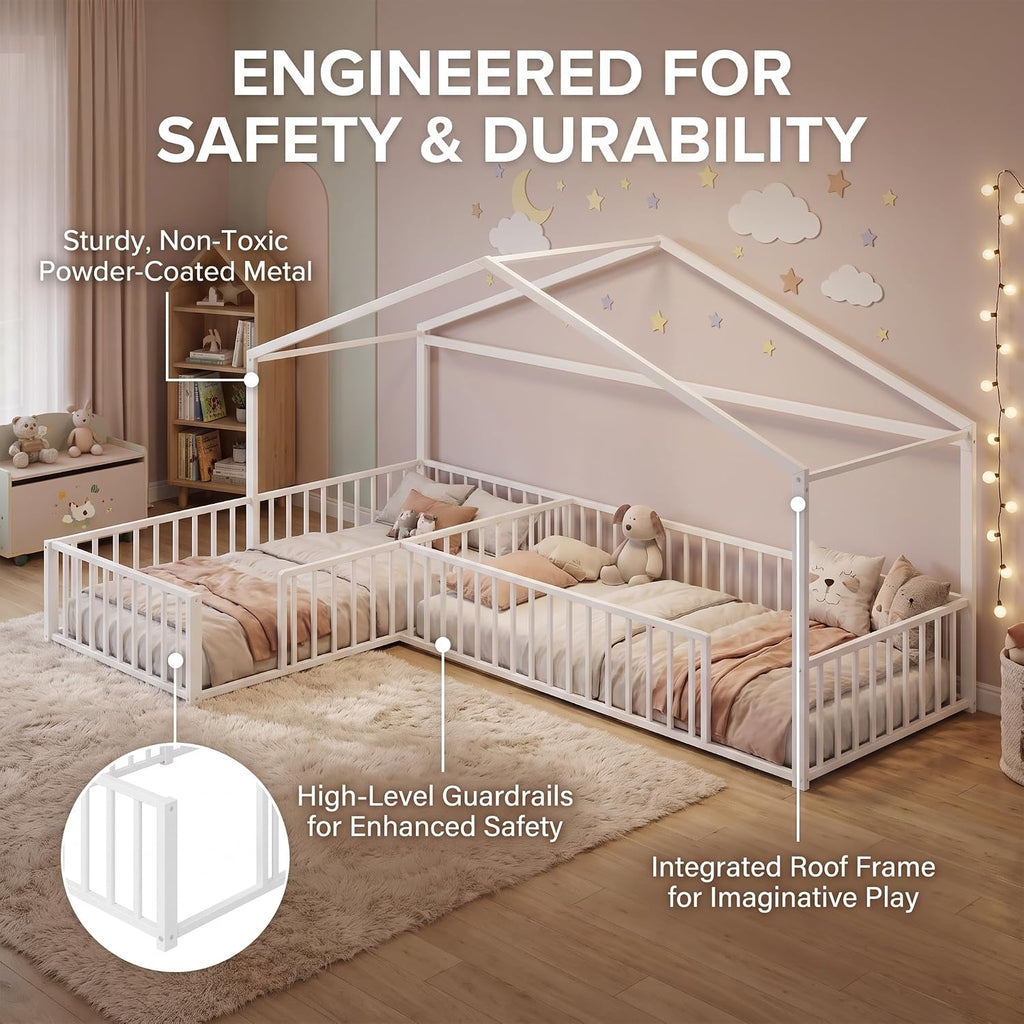 Double L-Shaped Montessori Bed Metal Floor Bed Frame, White