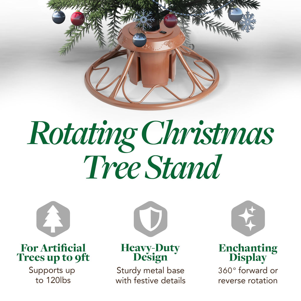 360° Rotating Christmas Tree Stand - Brown Sturdy Metal Base for Trees up to 9ft Tall - Holiday Decor Accessory
