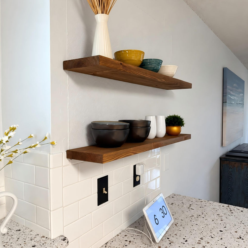 36 inch Walnut Floating Shelves for Wall Set of 2, Solid Real Wood Rustic Mount Shelves Bedroom Kitchen Farmhouse