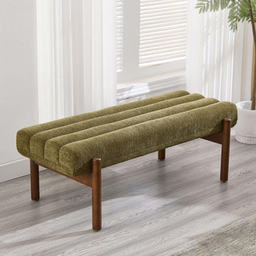 Green Modern Bench End of Bed Entryway Living Room | Chenille Fabric, Wooden Legs, 47" Long, Upholstered, Vintage Mid