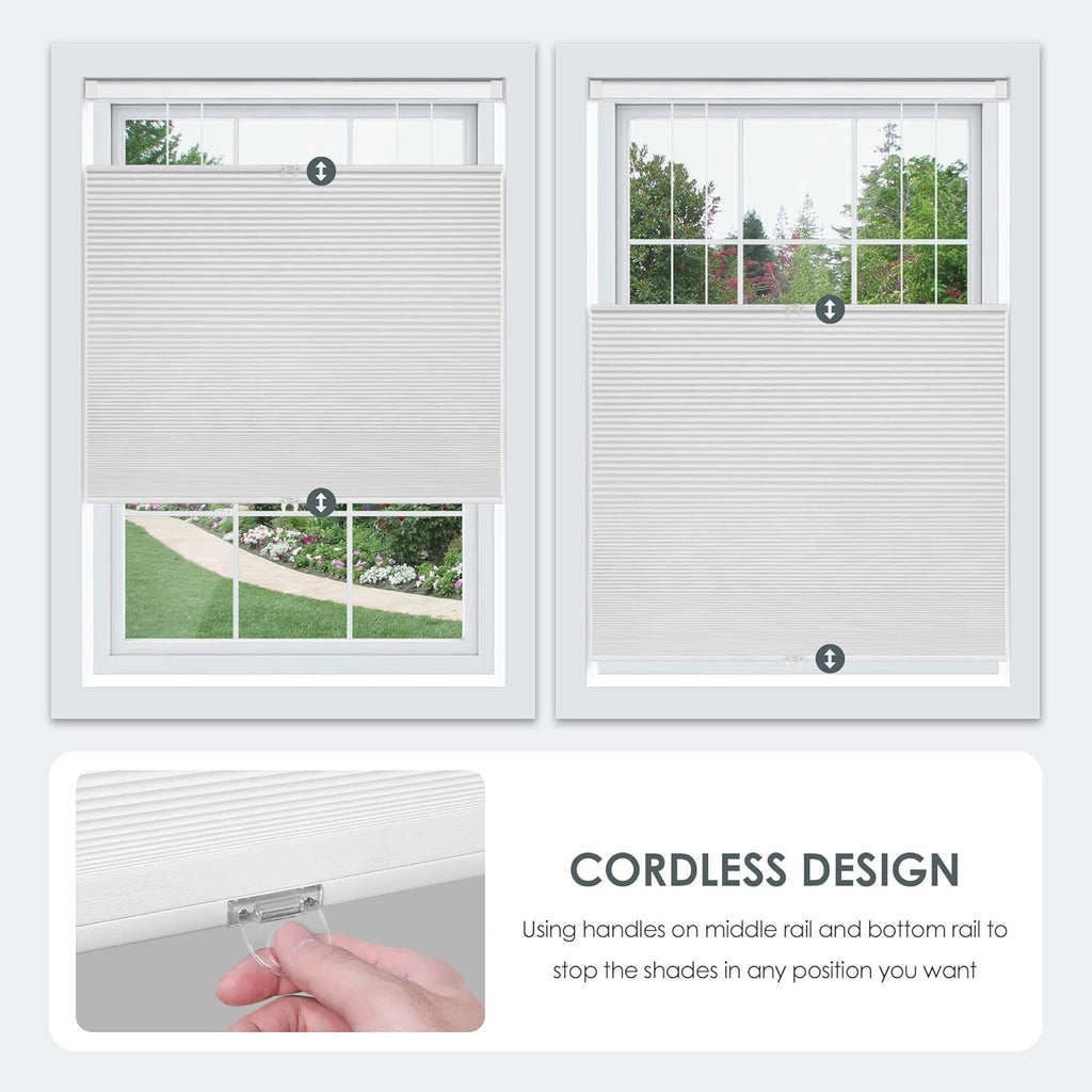 No Drill Cordless Cellular Shades, White | Top Down Bottom Up (TDBU) Honeycomb Shades, Blackout Light Blocking