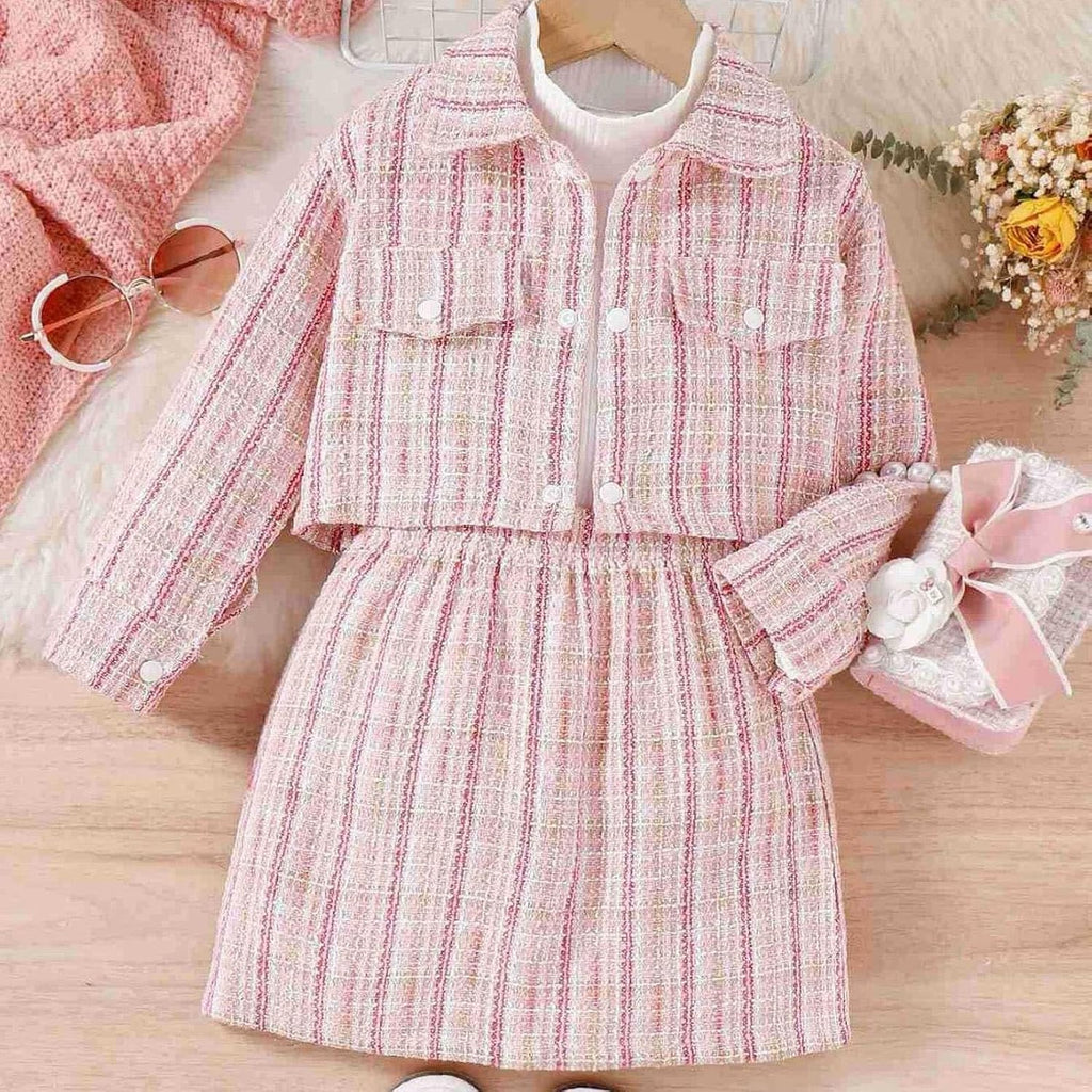 Toddler Girl Skirt Set Long Sleeve Knit Ribbed Turtleneck Shirt Tops+Mini Skirts+Plaid Tweed Jacket Winter Outfits