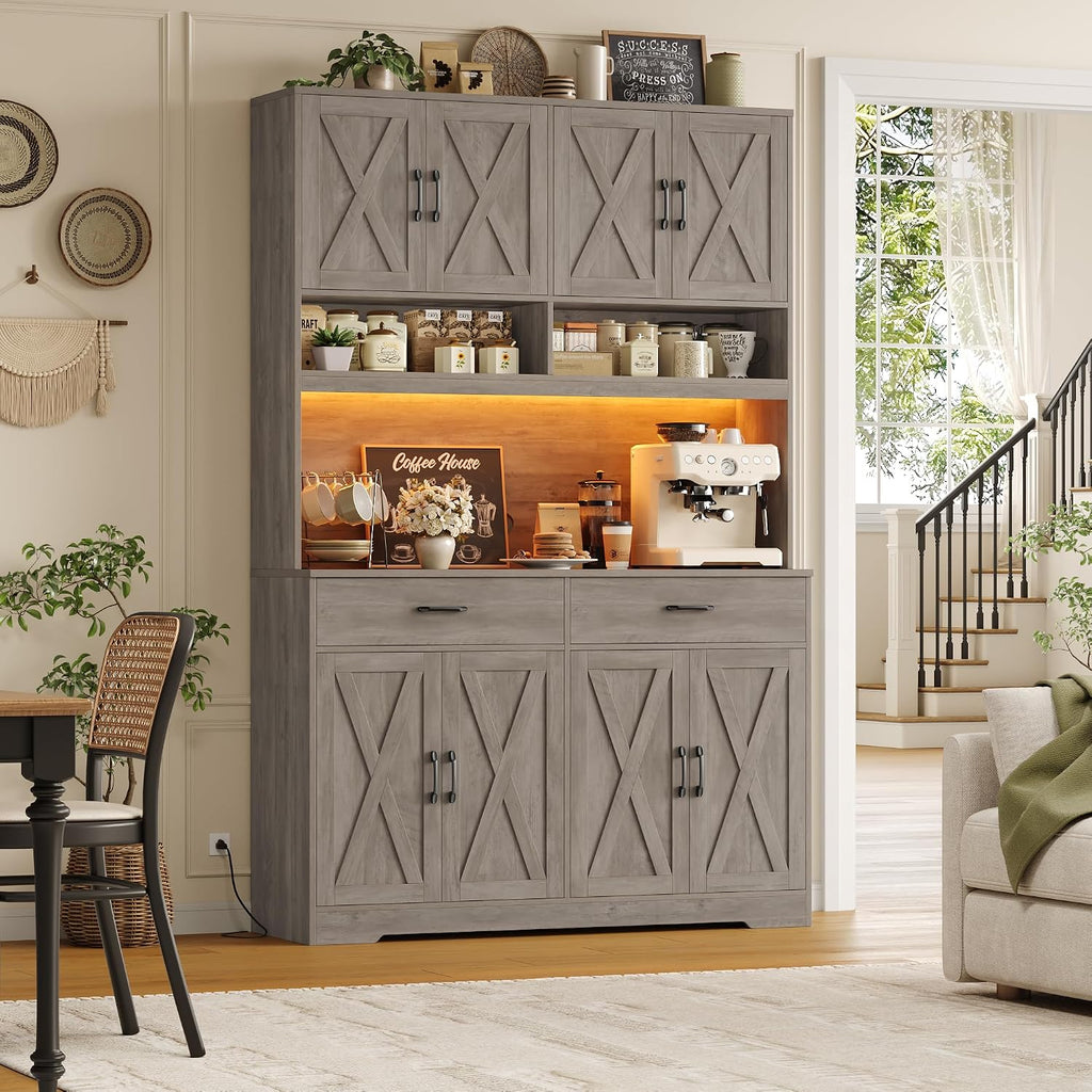 75" Tall Kitchen Pantry Storage Cabinet, 45" W Hutch Cabinet, Grey | Farmhouse Pantry Cabinet with Charging Station /