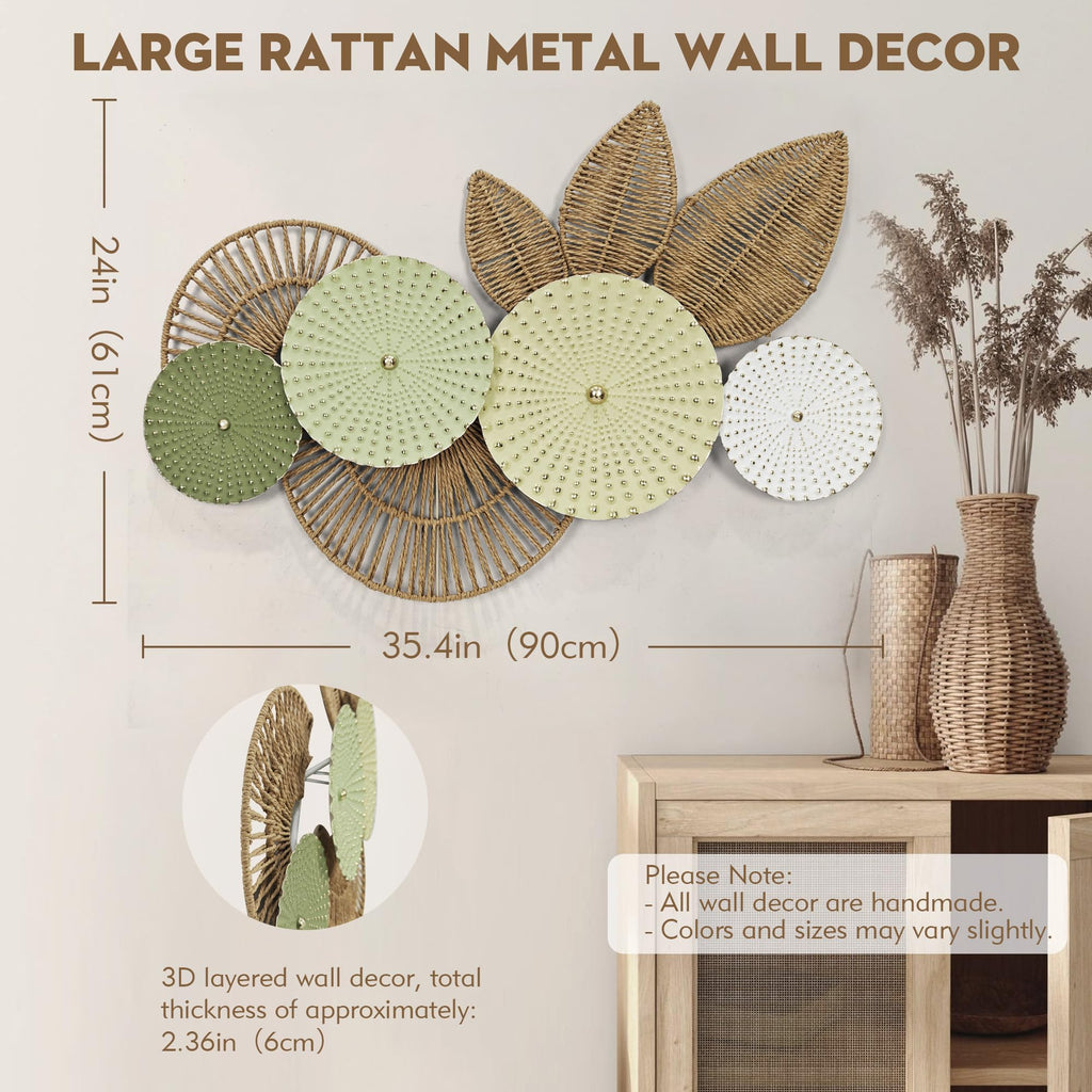 Boho Woven Wall Decor- Rattan Leaf & Circular 3D Wall Art Decor, 35"x 26" Large Hanging Decoration in Sage & Beige