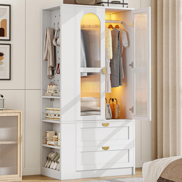 Armoire Wardrobe Closet with LED Lights & 2 Drawers, 71" Tall Clothing Storage Cabinet with Removable Hanging Rod, 4