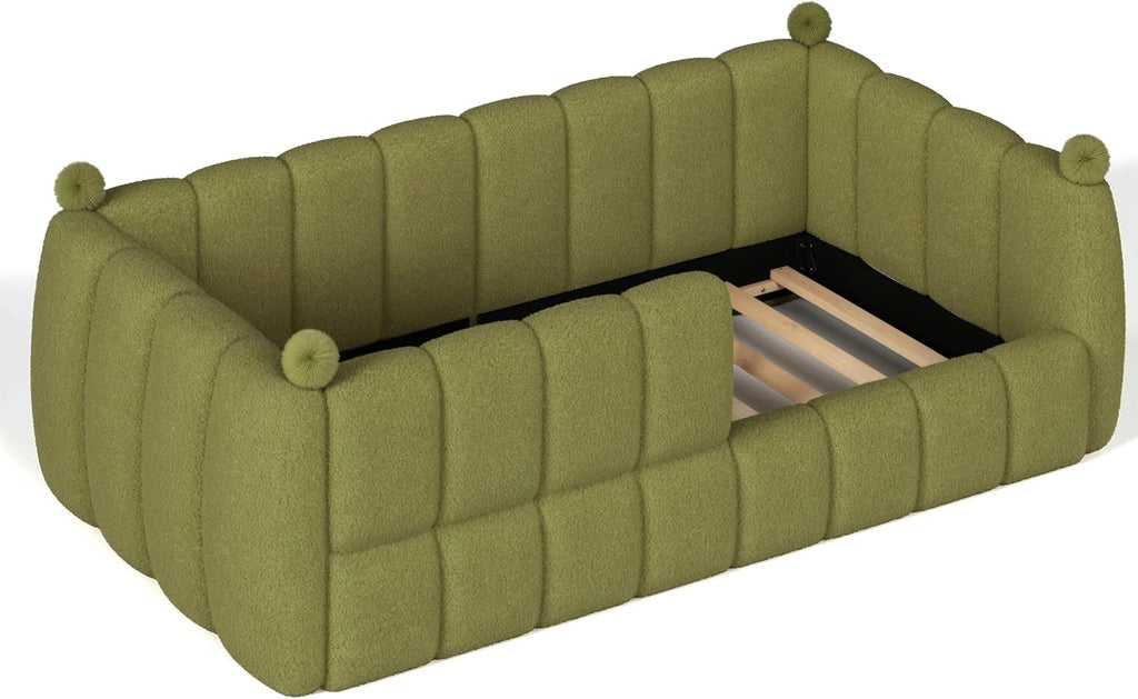 Upholstered Montessori Floor Bed with Fence, Green