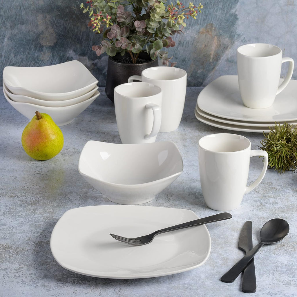 Amelia Court Porcelain Chip and Scratch Resistant Dinnerware set, Service for 4 (12pcs), White (Soft Square)