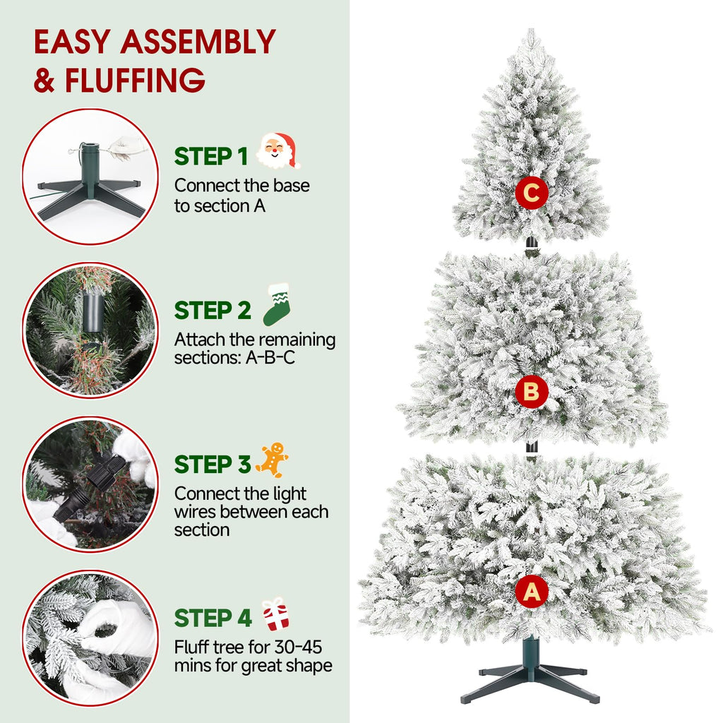 6.5ft Snow Flocked Pre-Lit Rotating Christmas Tree, Remote Control