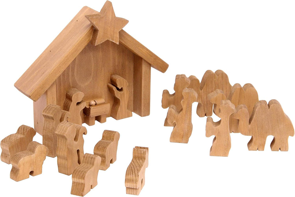 Wooden Nativity Manger Scene Set, 14 Pieces, Amish-Made in Lancaster County, Pennsylvania, Harvest Stain Finish