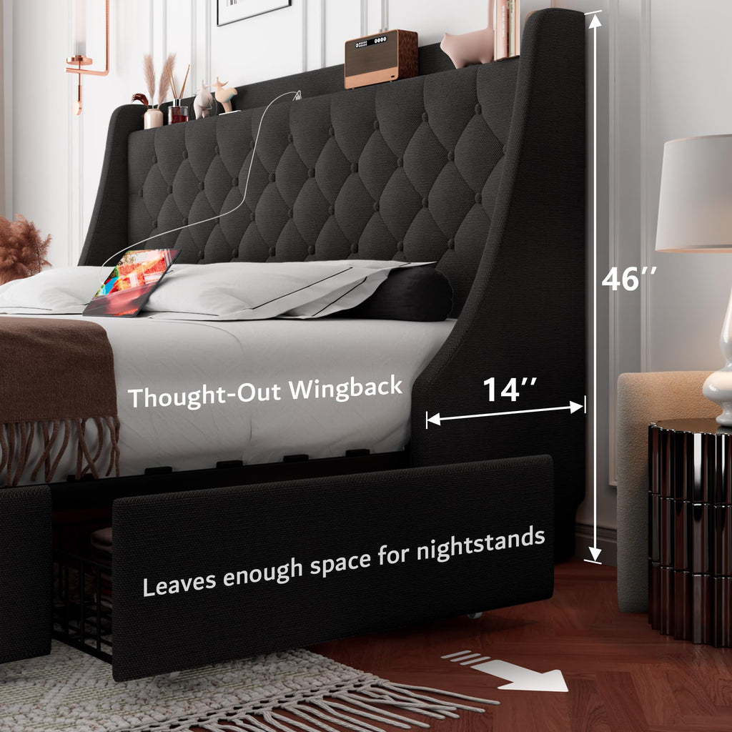 Queen Bed Frame with 4 Storage Drawers, Upholstered Platform Bed Frame with Type-C & USB Ports, Wingback Storage
