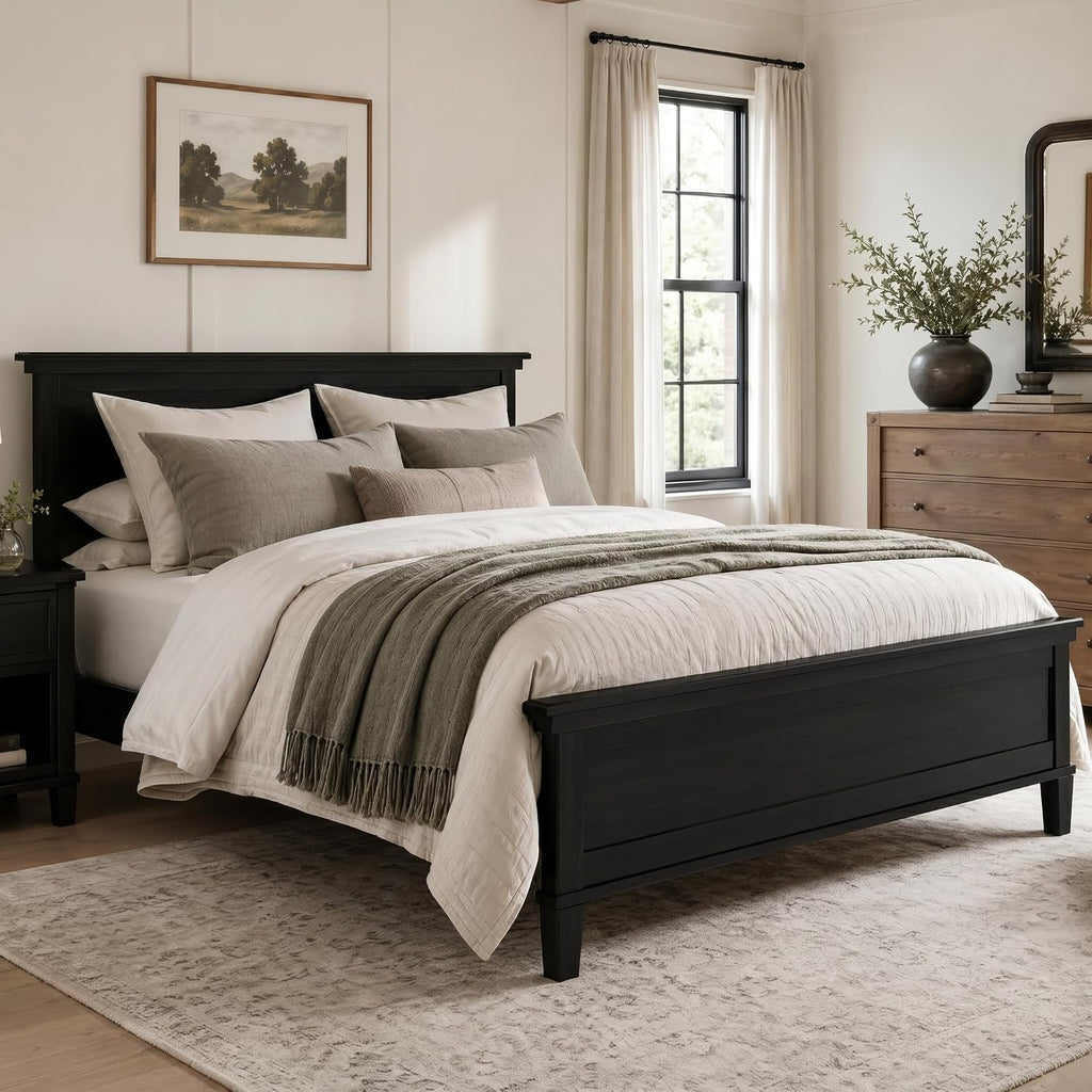 King Wood Bed Frame with Headboard, Mid-Century Modern Platform Bed, Farmhouse Style Bed with Under-Bed Storage, Wood