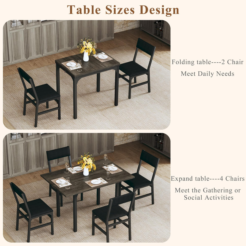 Dining Table Set for 4, Extendable Kitchen Table Cushion Chairs Set of 4, Rectangle Dining Table with Metal Frame &