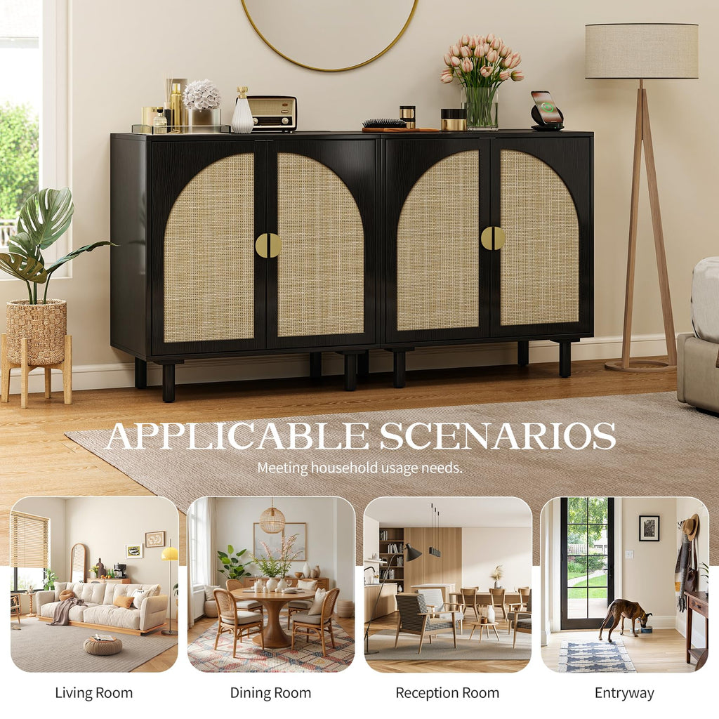 Black Minimalist 2-Door Sideboard with Woven Textured Panels, Black Storage Cabinet with Adjustable Shelf, Modern