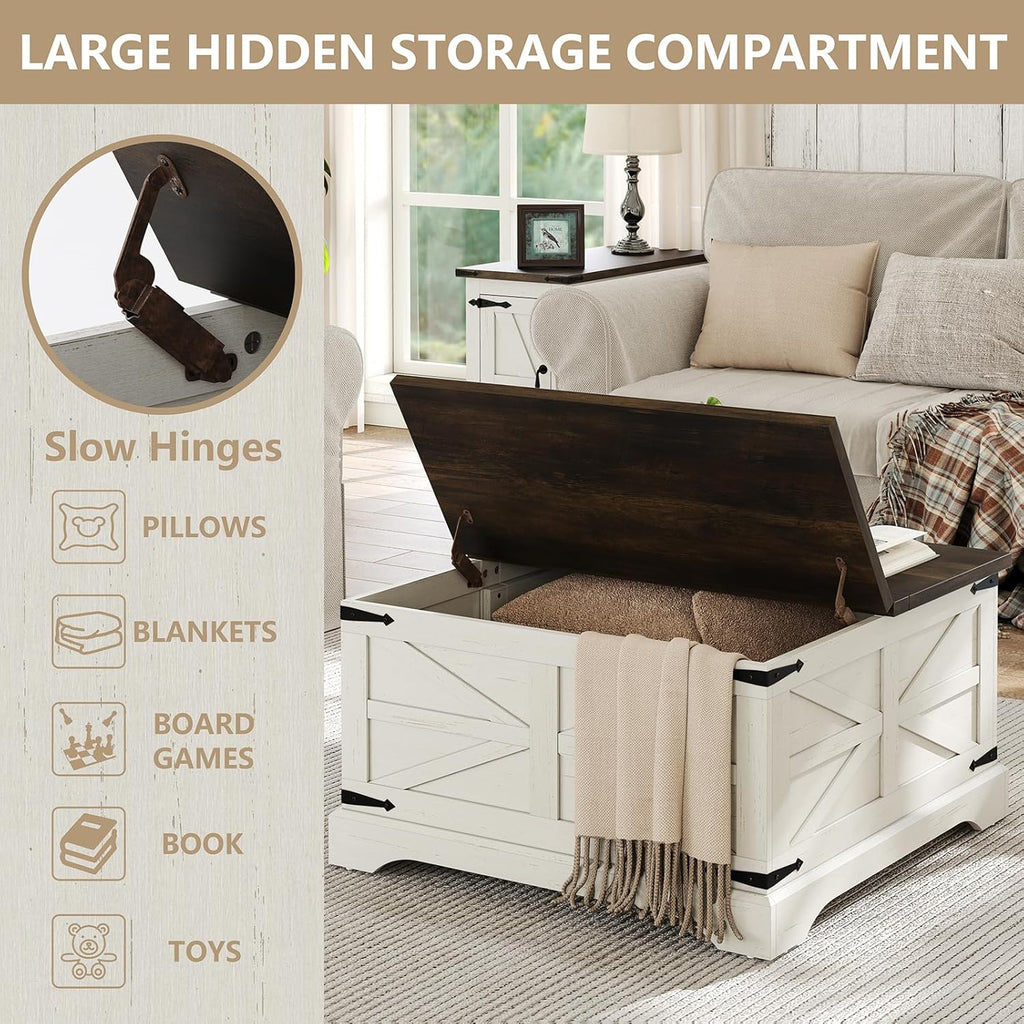 Farmhouse Lift Top Coffee Table, Square Wood Center Table with Large Hidden Storage Compartment