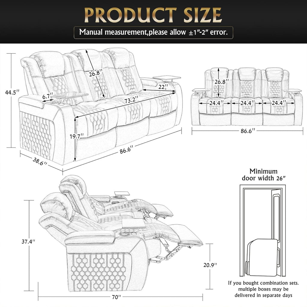 Home Theater Seating, Living Room, Powered Headrest, Powered Lumbar, Italian Leather, Powered Recline (Black