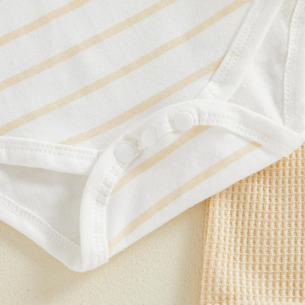 Newborn Baby Boy Fall Outfit Long Sleeve Striped Romper Top Letters Embroidery Waffle Knit Overalls Pants Hat Set
