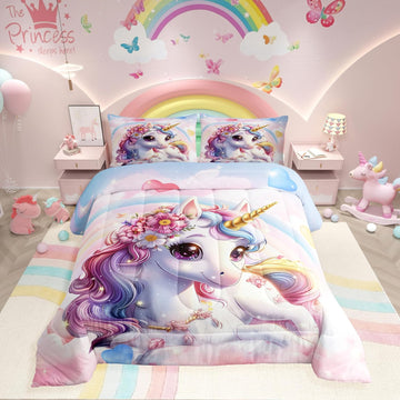 Unicorn Comforter Set for Girls Cute Rainbow Unicorn Bedding Set for Kids Cartoon Pink Bedroom Decor for Girls