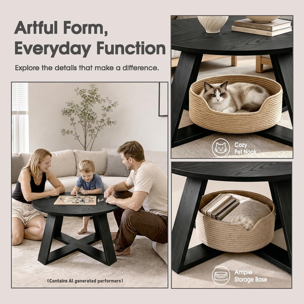 Round Coffee Table with Open Storage Black Wooden