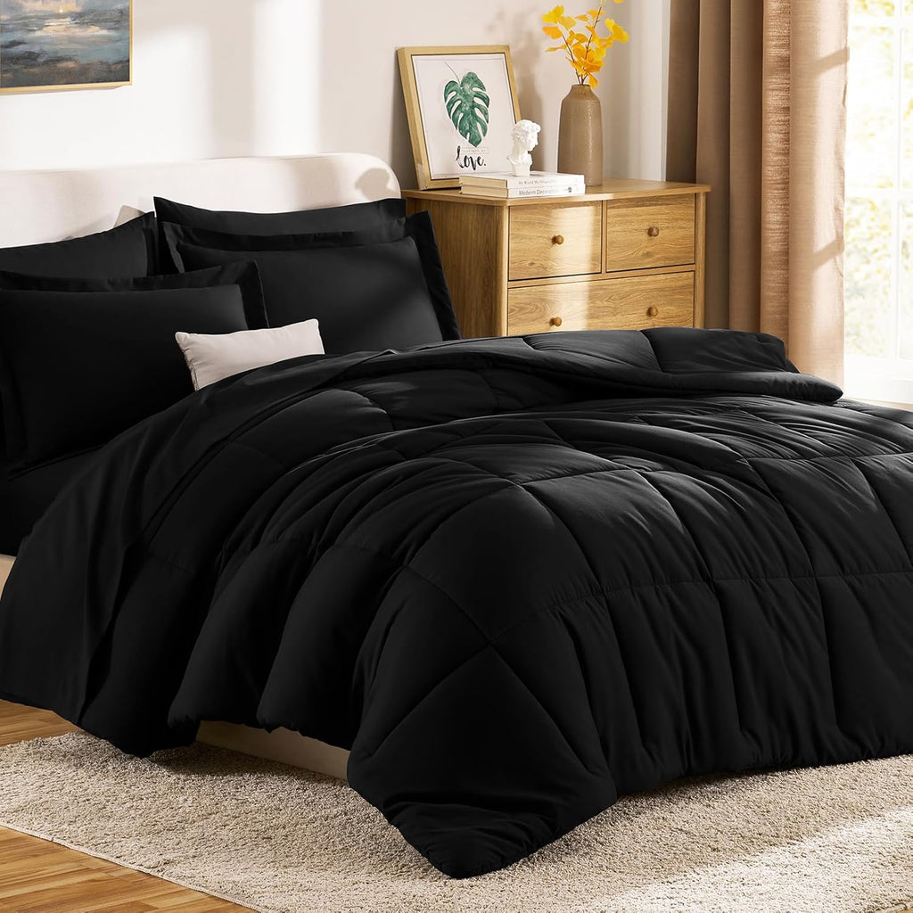 Queen Comforter Set Black - 7 Pieces Bed in a Bag Queen, All Season Soft Bedding Set