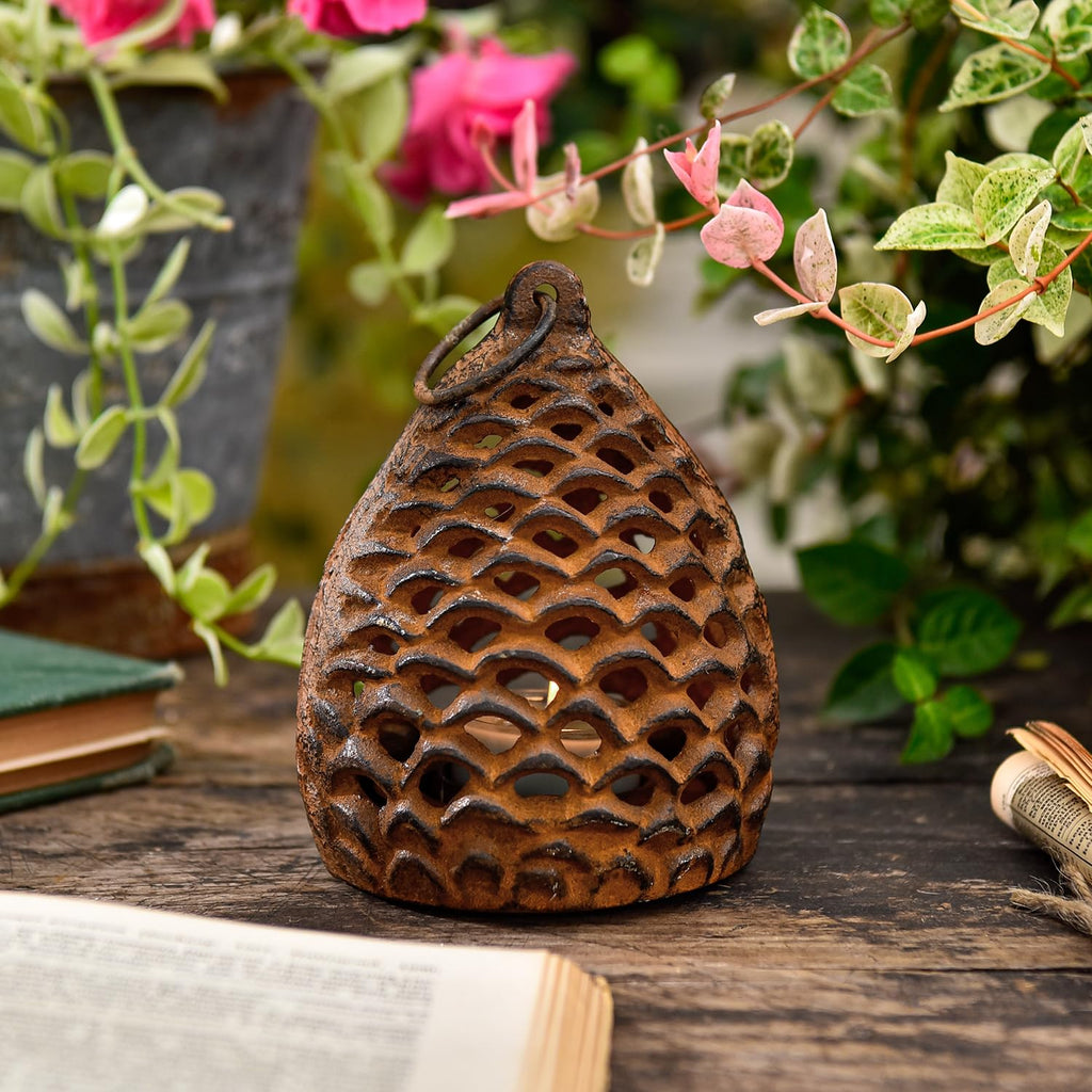Cast Iron Lantern, Full Rust - Pinecone Hanging Candle Holder