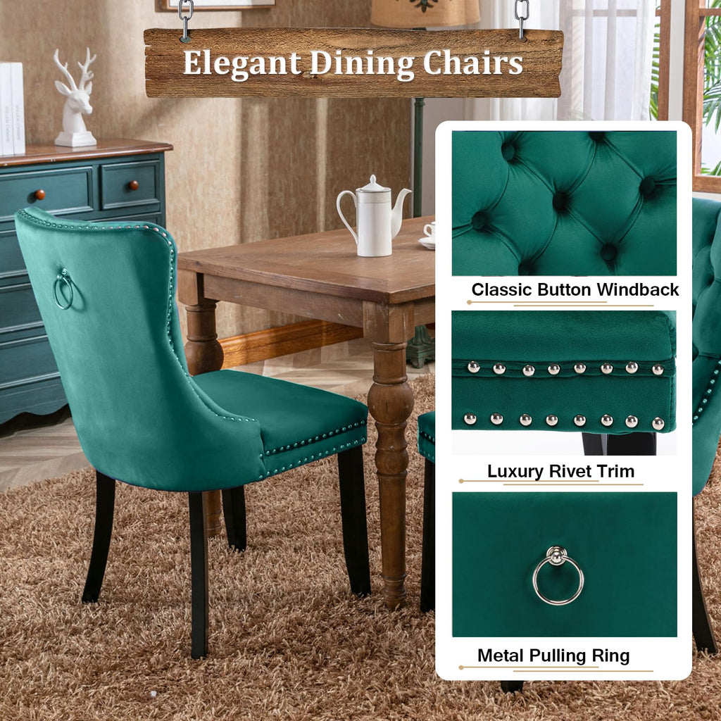 7-Piece Extendable Dining Table Set for 6, 63-78 Inch Rustic Brown Kitchen Table Set with 6 Green Tufted Chairs