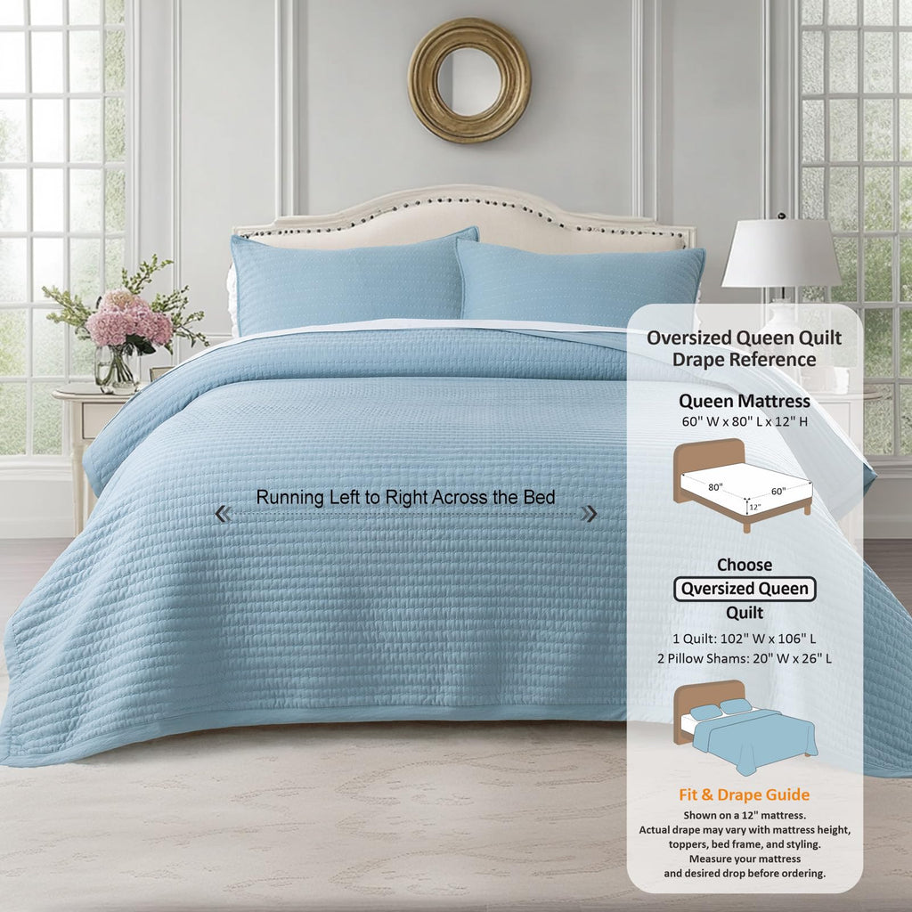 Oversized Queen Quilt Set 102x106, Soft Washed 3-Layer Lightweight
