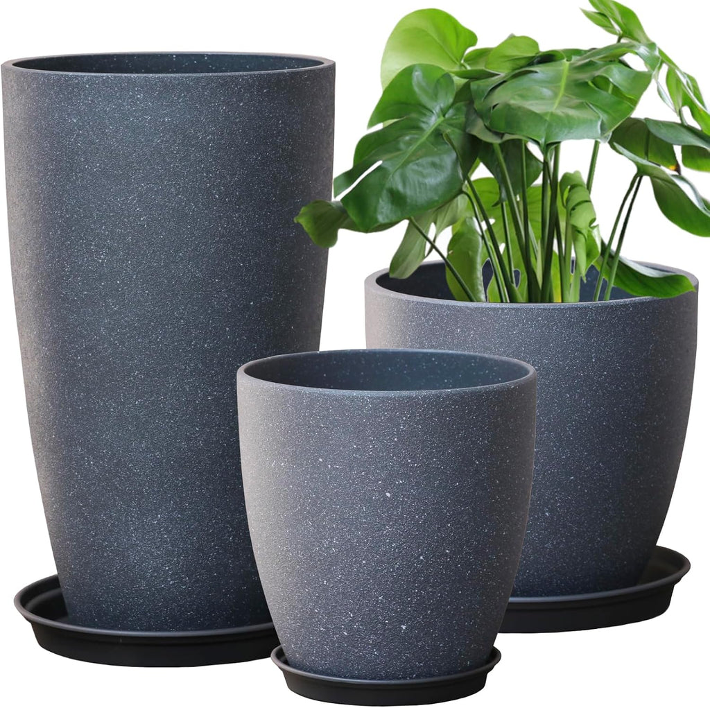 Garden Decorative Planters Tall Round Flower Pots with Drainage Hole & Saucer Cement Grey Surface Painting Robust &