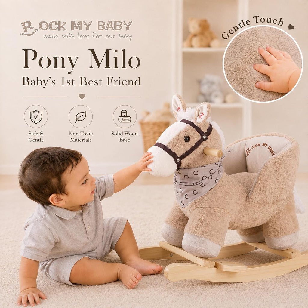 My Baby Rocking Horse with Seat, Plush Ride-On Rocker with Realistic Sound, Wooden Rocking Horse for Toddlers Ages