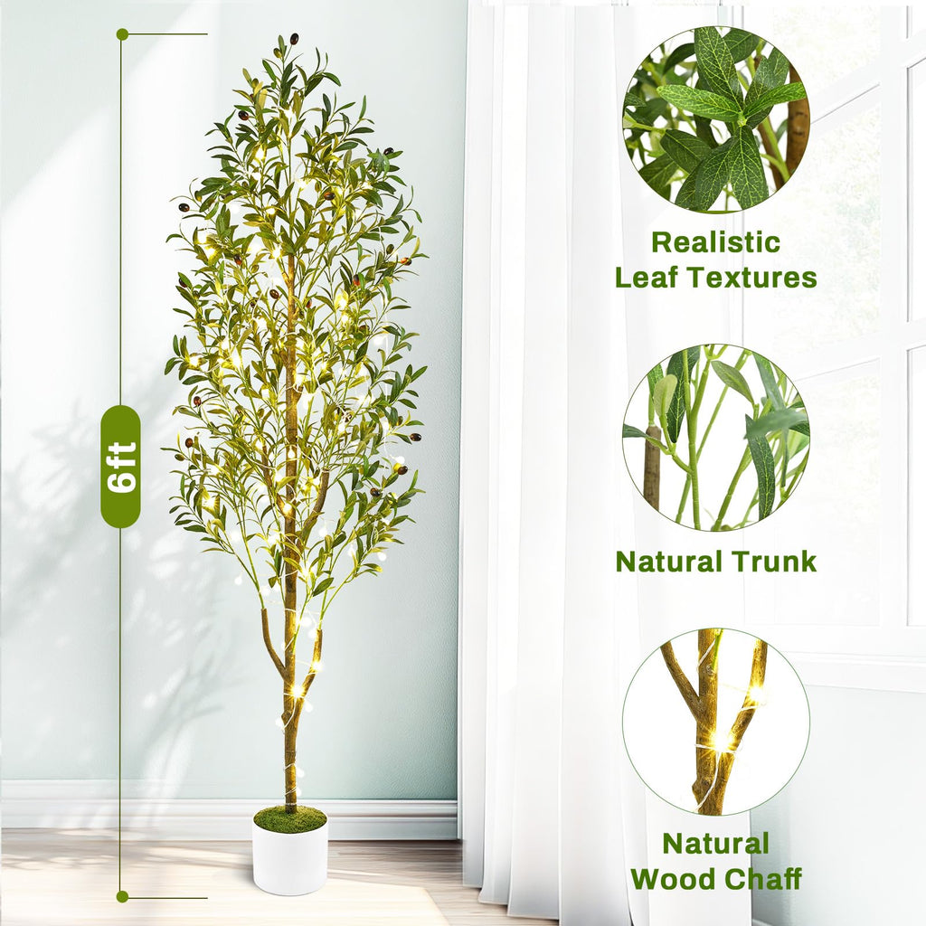6FT Lighted Artificial Olive Tree with Planter & Basket