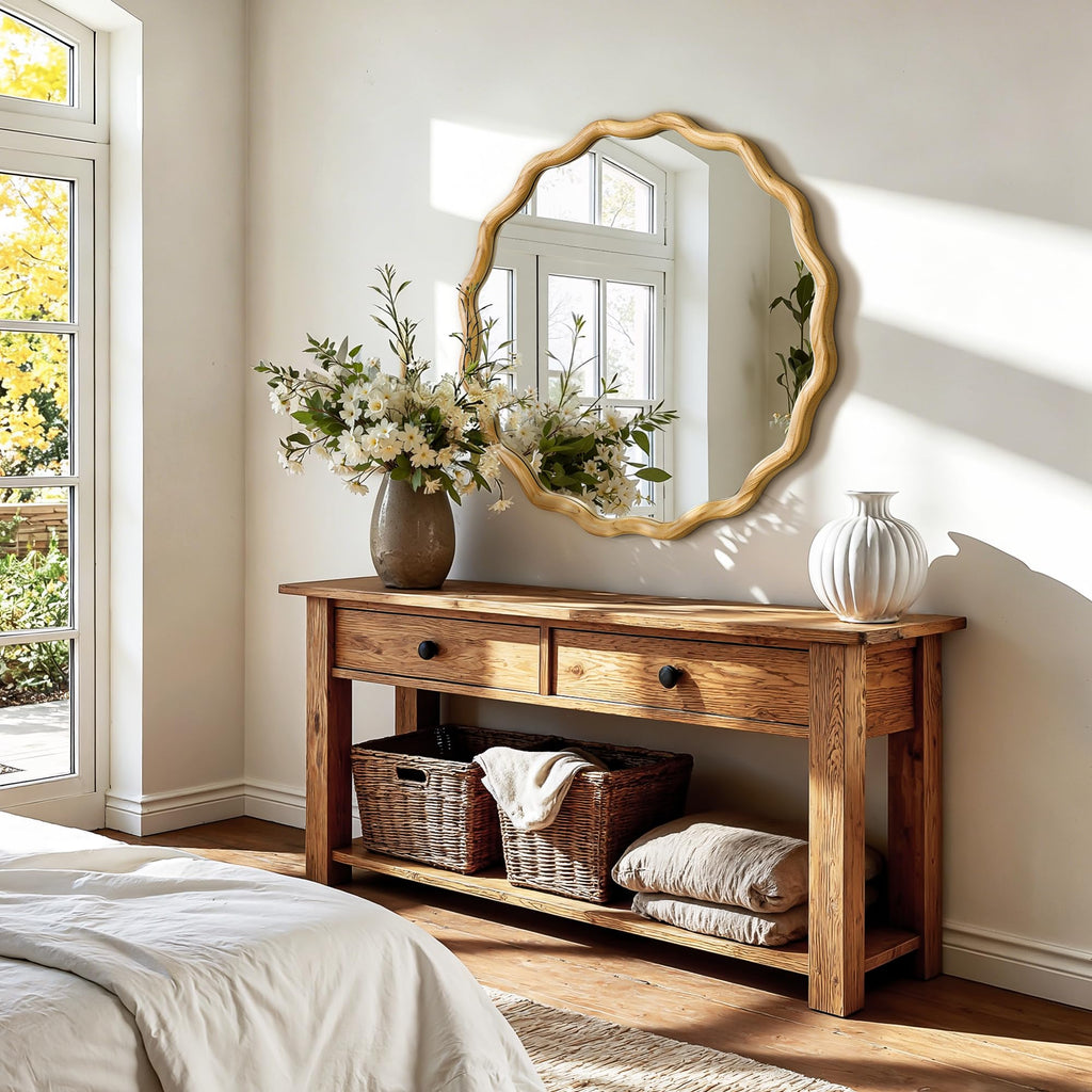 Round Wavy Wall Mirror, 28" Circle Boho Scalloped Mirror