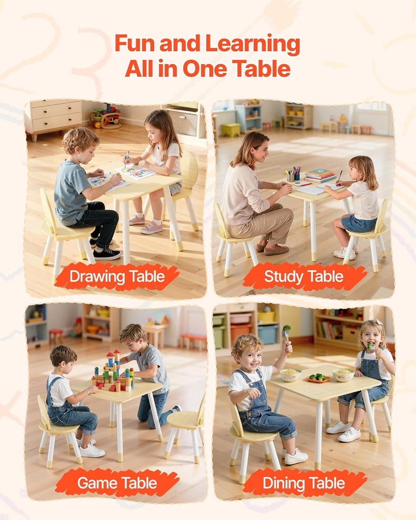 Kids Table and 2 Chairs Set, Toddler Table and Chair Set with Rounded Edge Design & Graffiti Desktop, Wooden Desk