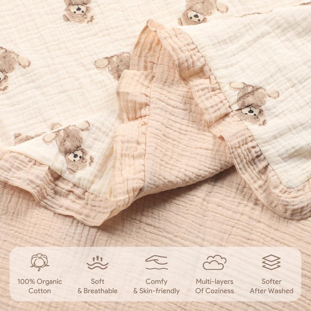 Organic Baby Blanket Flounce Edge Large 50"x43" Teddy Bear, 100% Muslin Cotton Soft Breathable Toddler Quilt Crib