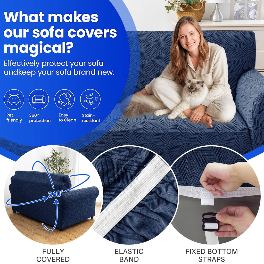 1 Piece Stretch Couch Covers for 2 Cushion Couch, Jacquard Loveseat Cover with Non-Slip Elastic Bottom, Thickened